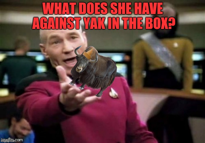 WHAT DOES SHE HAVE AGAINST YAK IN THE BOX? | made w/ Imgflip meme maker