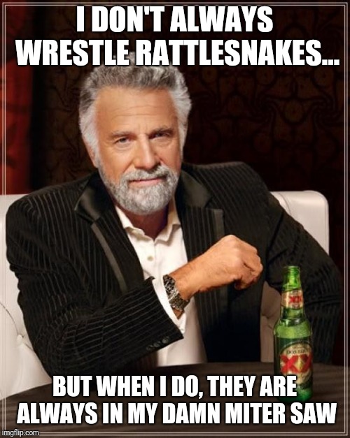 The Most Interesting Man In The World Meme | I DON'T ALWAYS WRESTLE RATTLESNAKES... BUT WHEN I DO, THEY ARE ALWAYS IN MY DAMN MITER SAW | image tagged in memes,the most interesting man in the world | made w/ Imgflip meme maker