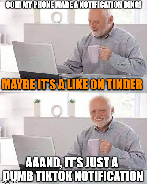 Hide the Pain Harold Meme | OOH! MY PHONE MADE A NOTIFICATION DING! MAYBE IT'S A LIKE ON TINDER; AAAND, IT'S JUST A DUMB TIKTOK NOTIFICATION | image tagged in memes,hide the pain harold | made w/ Imgflip meme maker