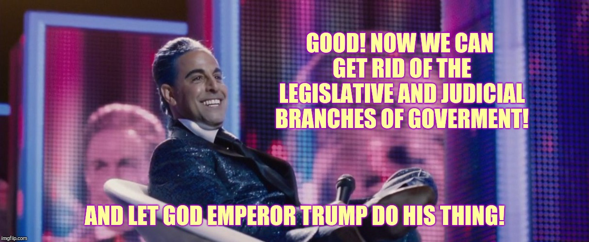Hunger Games - Caesar Flickerman (Stanley Tucci) | GOOD! NOW WE CAN GET RID OF THE LEGISLATIVE AND JUDICIAL BRANCHES OF GOVERMENT! AND LET GOD EMPEROR TRUMP DO HIS THING! | image tagged in hunger games - caesar flickerman stanley tucci | made w/ Imgflip meme maker