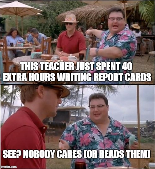 See Nobody Cares Meme | THIS TEACHER JUST SPENT 40 EXTRA HOURS WRITING REPORT CARDS; SEE? NOBODY CARES (OR READS THEM) | image tagged in memes,see nobody cares | made w/ Imgflip meme maker