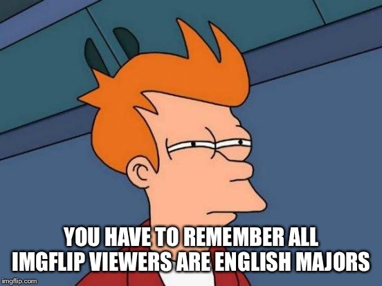 Futurama Fry | YOU HAVE TO REMEMBER ALL IMGFLIP VIEWERS ARE ENGLISH MAJORS | image tagged in memes,futurama fry | made w/ Imgflip meme maker