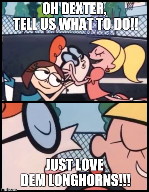 Say it Again, Dexter | OH DEXTER, TELL US WHAT TO DO!! JUST LOVE DEM LONGHORNS!!! | image tagged in say it again dexter | made w/ Imgflip meme maker