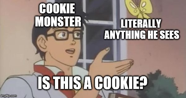 Is This a Pigeon | COOKIE MONSTER; LITERALLY ANYTHING HE SEES; IS THIS A COOKIE? | image tagged in is this a pigeon | made w/ Imgflip meme maker