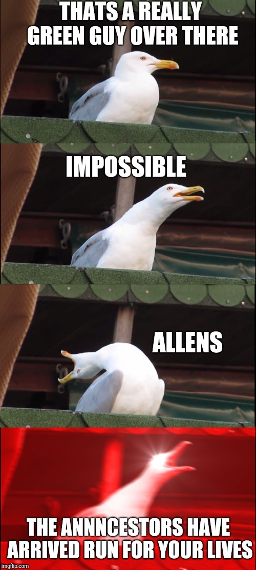 Inhaling Seagull | THATS A REALLY GREEN GUY OVER THERE; IMPOSSIBLE; ALLENS; THE ANNNCESTORS HAVE ARRIVED RUN FOR YOUR LIVES | image tagged in memes,inhaling seagull | made w/ Imgflip meme maker