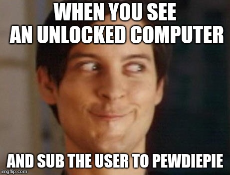 Spiderman Peter Parker | WHEN YOU SEE AN UNLOCKED COMPUTER; AND SUB THE USER TO PEWDIEPIE | image tagged in memes,spiderman peter parker | made w/ Imgflip meme maker