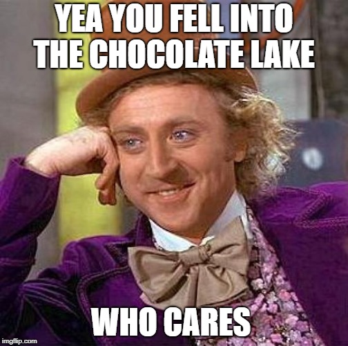 Creepy Condescending Wonka | YEA YOU FELL INTO THE CHOCOLATE LAKE; WHO CARES | image tagged in memes,creepy condescending wonka | made w/ Imgflip meme maker