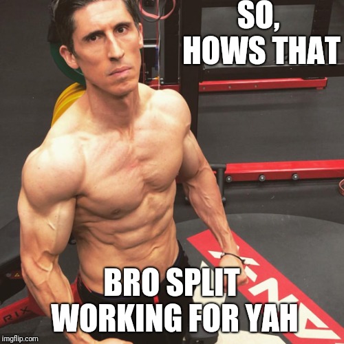 Jeff Cavaliere | SO, HOWS THAT; BRO SPLIT WORKING FOR YAH | image tagged in jeff cavaliere | made w/ Imgflip meme maker