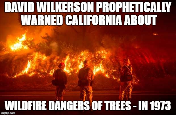 California Fires | DAVID WILKERSON PROPHETICALLY WARNED CALIFORNIA ABOUT; WILDFIRE DANGERS OF TREES - IN 1973 | image tagged in california fires | made w/ Imgflip meme maker