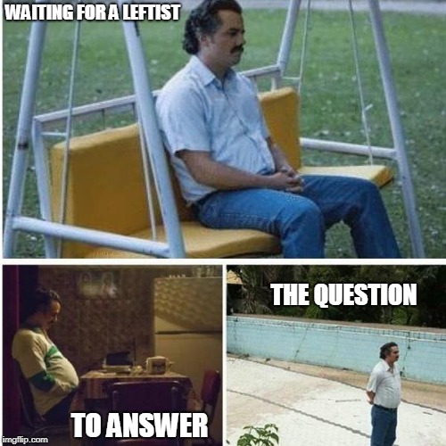 Narcos Bored Meme | WAITING FOR A LEFTIST; THE QUESTION; TO ANSWER | image tagged in narcos bored meme | made w/ Imgflip meme maker