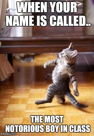 Cool Cat Stroll Meme | WHEN YOUR NAME IS CALLED.. THE MOST NOTORIOUS BOY IN CLASS | image tagged in memes,cool cat stroll | made w/ Imgflip meme maker