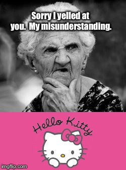 Give it a sec; it will come to you. | Sorry I yelled at you.  My misunderstanding. | image tagged in confused old lady,hello kitty,rhymes,funny memes,poor hearing,offended | made w/ Imgflip meme maker