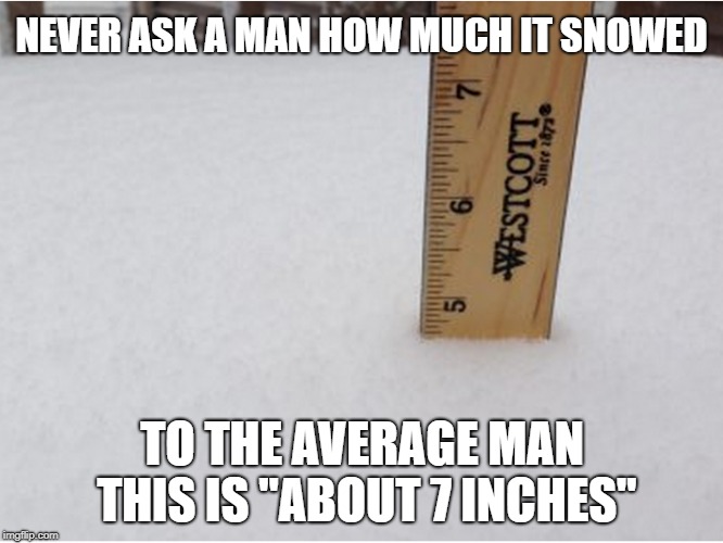 Average man | NEVER ASK A MAN HOW MUCH IT SNOWED; TO THE AVERAGE MAN THIS IS "ABOUT 7 INCHES" | image tagged in average,7 inches,average size,snowfall | made w/ Imgflip meme maker