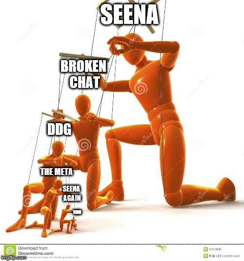 Puppet hierarchy | SEENA; BROKEN CHAT; DDG; THE META; SEENA AGAIN; YOU | image tagged in puppet hierarchy | made w/ Imgflip meme maker