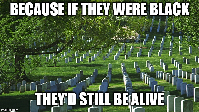 arlington cemetery  | BECAUSE IF THEY WERE BLACK THEY'D STILL BE ALIVE | image tagged in arlington cemetery | made w/ Imgflip meme maker