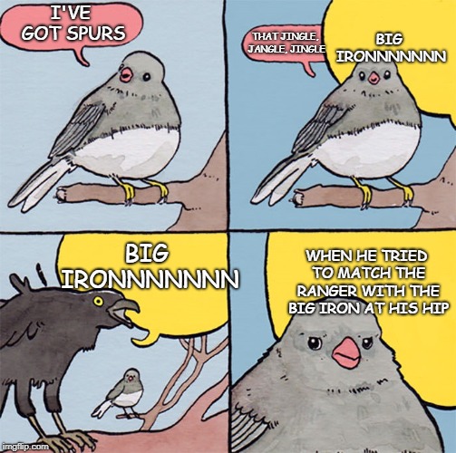 I started playing Fallout New Vegas a couple days ago |  BIG IRONNNNNNN; I'VE GOT SPURS; THAT JINGLE, JANGLE, JINGLE; BIG IRONNNNNNN; WHEN HE TRIED TO MATCH THE RANGER WITH THE BIG IRON AT HIS HIP | image tagged in interrupting bird,fallout new vegas | made w/ Imgflip meme maker