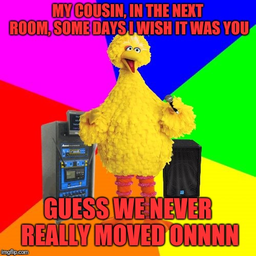 Wrong lyrics karaoke big bird | MY COUSIN, IN THE NEXT ROOM, SOME DAYS I WISH IT WAS YOU; GUESS WE NEVER REALLY MOVED ONNNN | image tagged in wrong lyrics karaoke big bird | made w/ Imgflip meme maker