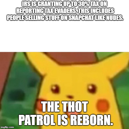 Surprised Pikachu Meme | IRS IS GRANTING UP TO 30% TAX ON REPORTING TAX EVADERS, THIS INCLUDES PEOPLE SELLING STUFF ON SNAPCHAT LIKE NUDES. THE THOT PATROL IS REBORN. | image tagged in memes,surprised pikachu | made w/ Imgflip meme maker