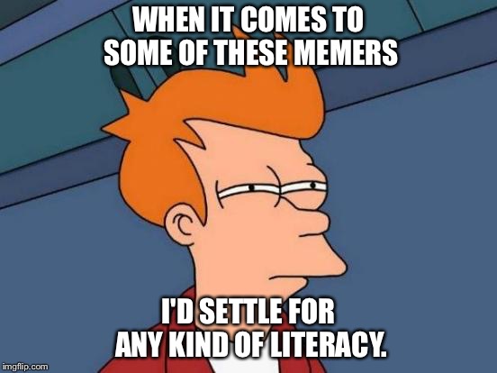 Futurama Fry Meme | WHEN IT COMES TO SOME OF THESE MEMERS I'D SETTLE FOR ANY KIND OF LITERACY. | image tagged in memes,futurama fry | made w/ Imgflip meme maker