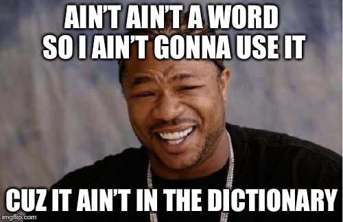 Yo Dawg Heard You Meme | AIN’T AIN’T A WORD SO I AIN’T GONNA USE IT; CUZ IT AIN’T IN THE DICTIONARY | image tagged in memes,yo dawg heard you | made w/ Imgflip meme maker
