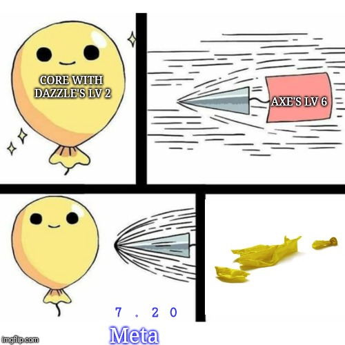 Indestructible balloon | AXE'S LV 6; CORE WITH DAZZLE'S LV 2; 7 . 2 0; Meta | image tagged in indestructible balloon | made w/ Imgflip meme maker