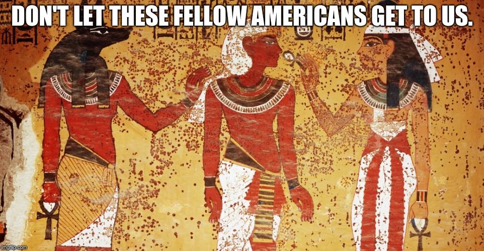 Ancient egypt | DON'T LET THESE FELLOW AMERICANS GET TO US. | image tagged in ancient egypt | made w/ Imgflip meme maker