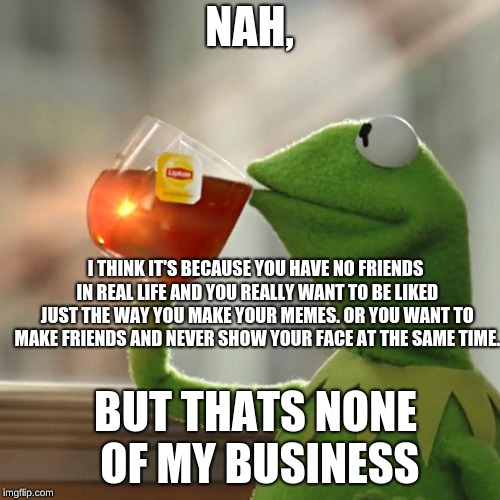 But That's None Of My Business Meme | NAH, I THINK IT'S BECAUSE YOU HAVE NO FRIENDS IN REAL LIFE AND YOU REALLY WANT TO BE LIKED JUST THE WAY YOU MAKE YOUR MEMES. OR YOU WANT TO  | image tagged in memes,but thats none of my business,kermit the frog | made w/ Imgflip meme maker