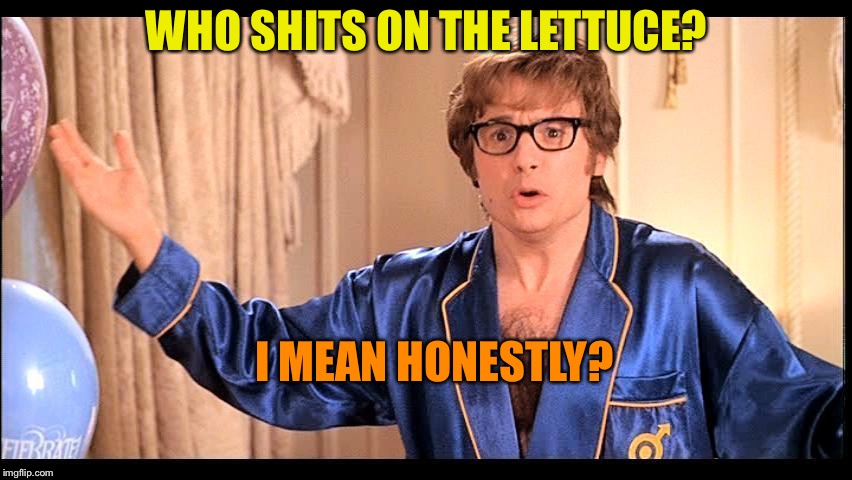 Who does that, Honestly? | WHO SHITS ON THE LETTUCE? I MEAN HONESTLY? | image tagged in who does that honestly | made w/ Imgflip meme maker