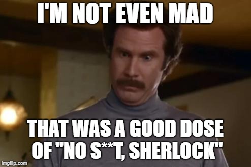 actually im not even mad | I'M NOT EVEN MAD THAT WAS A GOOD DOSE OF "NO S**T, SHERLOCK" | image tagged in actually im not even mad | made w/ Imgflip meme maker