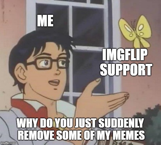 Is This A Pigeon | ME; IMGFLIP SUPPORT; WHY DO YOU JUST SUDDENLY REMOVE SOME OF MY MEMES | image tagged in memes,is this a pigeon | made w/ Imgflip meme maker