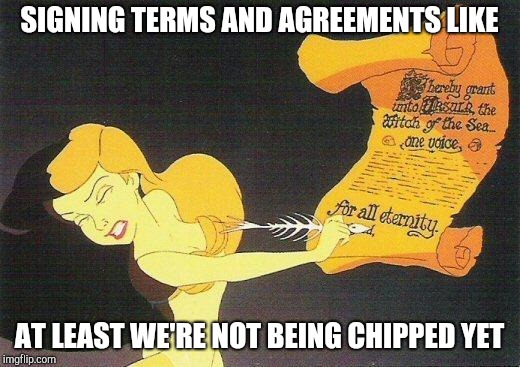 ariel | SIGNING TERMS AND AGREEMENTS LIKE; AT LEAST WE'RE NOT BEING CHIPPED YET | image tagged in ariel | made w/ Imgflip meme maker