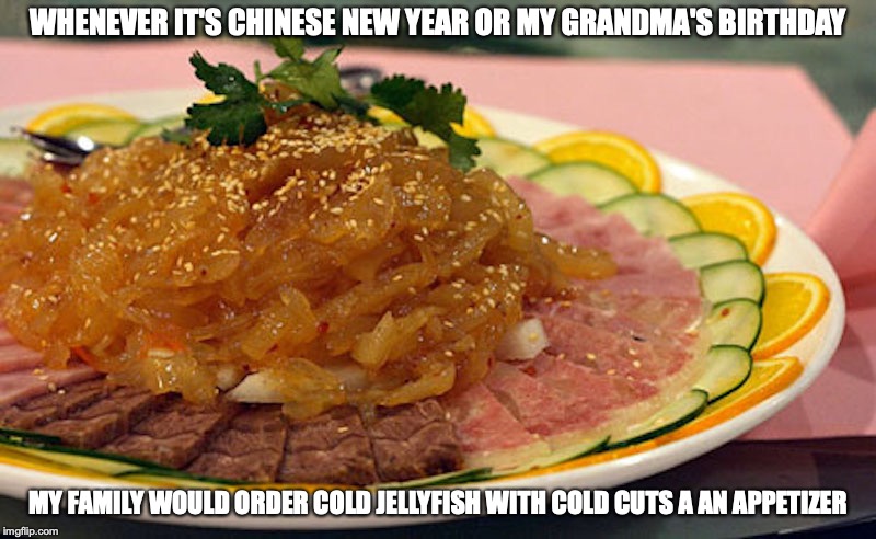 Jellyfish Appetizer | WHENEVER IT'S CHINESE NEW YEAR OR MY GRANDMA'S BIRTHDAY; MY FAMILY WOULD ORDER COLD JELLYFISH WITH COLD CUTS A AN APPETIZER | image tagged in jellyfish,food,memes | made w/ Imgflip meme maker