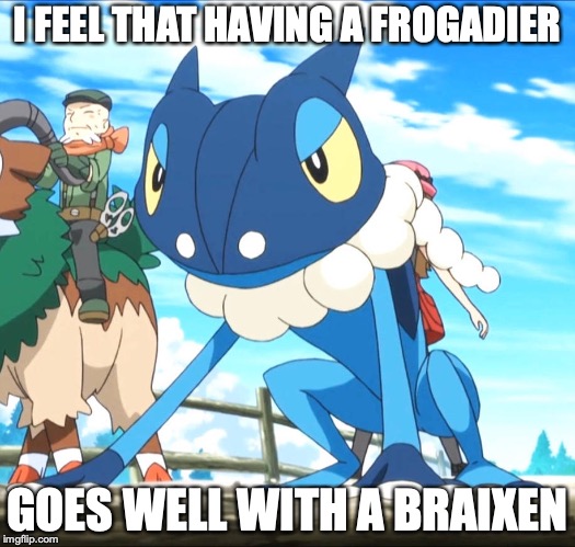 Frogadier | I FEEL THAT HAVING A FROGADIER; GOES WELL WITH A BRAIXEN | image tagged in frogadier,pokemon,memes | made w/ Imgflip meme maker