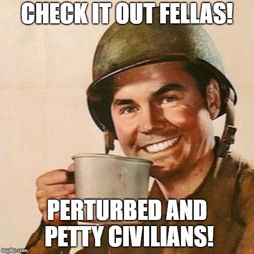 Coffee Soldier | CHECK IT OUT FELLAS! PERTURBED AND PETTY CIVILIANS! | image tagged in coffee soldier | made w/ Imgflip meme maker