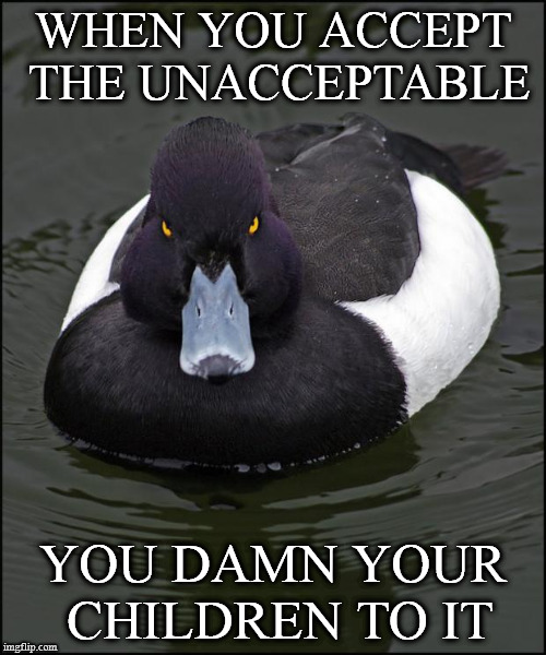 hi res angry advice mallard | WHEN YOU ACCEPT THE UNACCEPTABLE; YOU DAMN YOUR CHILDREN TO IT | image tagged in hi res angry advice mallard | made w/ Imgflip meme maker