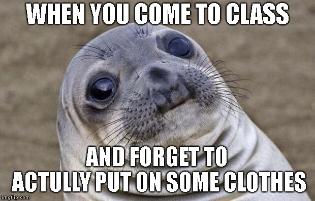 Awkward Moment Sealion Meme | WHEN YOU COME TO CLASS; AND FORGET TO ACTULLY PUT ON SOME CLOTHES | image tagged in memes,awkward moment sealion | made w/ Imgflip meme maker