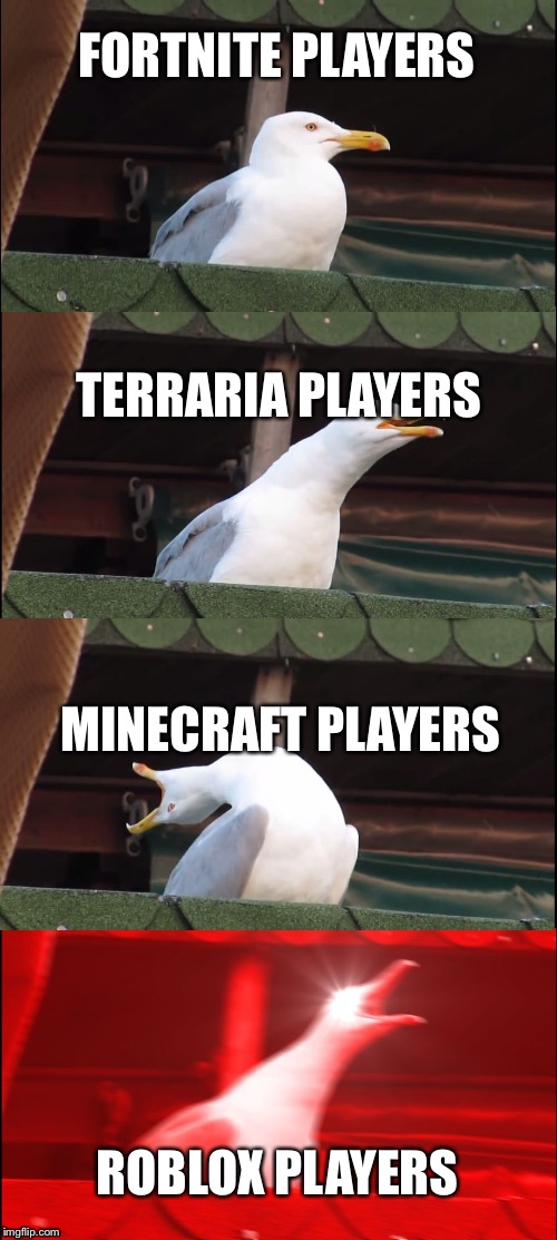 Inhaling Seagull | FORTNITE PLAYERS; TERRARIA PLAYERS; MINECRAFT PLAYERS; ROBLOX PLAYERS | image tagged in memes,inhaling seagull | made w/ Imgflip meme maker