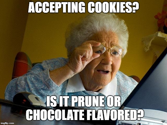 Grandma Finds The Internet | ACCEPTING COOKIES? IS IT PRUNE OR CHOCOLATE FLAVORED? | image tagged in memes,grandma finds the internet | made w/ Imgflip meme maker