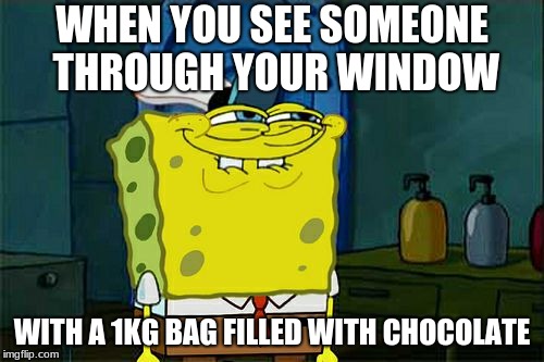 Don't You Squidward | WHEN YOU SEE SOMEONE THROUGH YOUR WINDOW; WITH A 1KG BAG FILLED WITH CHOCOLATE | image tagged in memes,dont you squidward | made w/ Imgflip meme maker