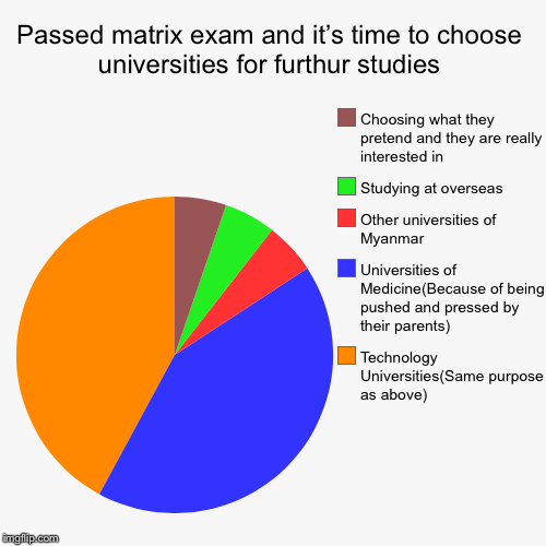Passed matrix exam and it’s time to choose universities for furthur studies | Technology Universities(Same purpose as above), Universities o | image tagged in funny,pie charts | made w/ Imgflip chart maker