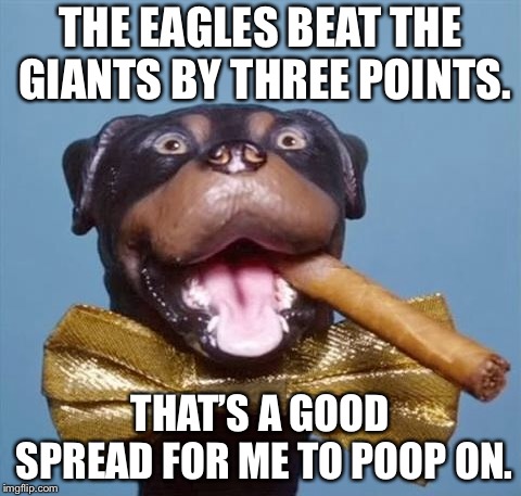 Eagles should have beaten the Giants by more than three points | THE EAGLES BEAT THE GIANTS BY THREE POINTS. THAT’S A GOOD SPREAD FOR ME TO POOP ON. | image tagged in triumph the insult comic dog,memes,philadelphia eagles,ny giants,nfl football,points | made w/ Imgflip meme maker