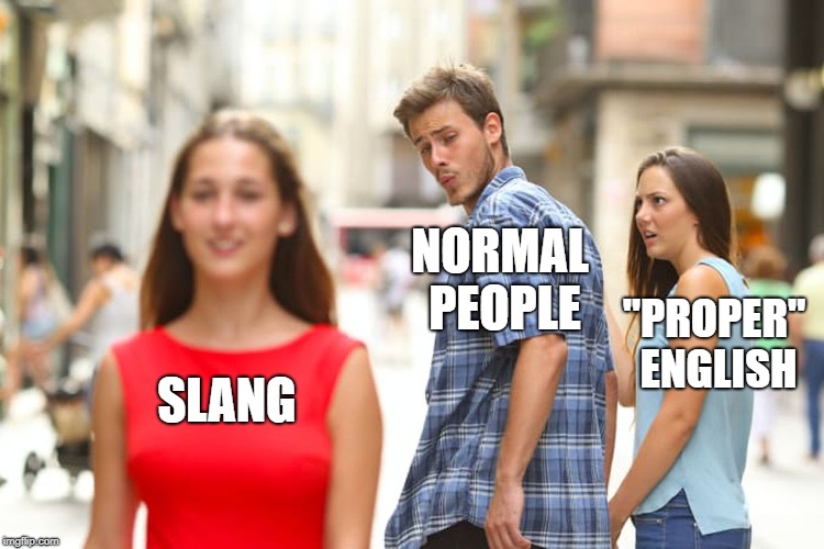 SLANG NORMAL PEOPLE "PROPER" ENGLISH | image tagged in memes,distracted boyfriend | made w/ Imgflip meme maker