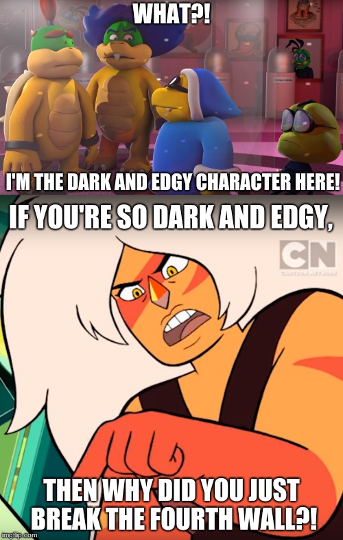 Jasper has a point | WHAT?! I'M THE DARK AND EDGY CHARACTER HERE! IF YOU'RE SO DARK AND EDGY, THEN WHY DID YOU JUST BREAK THE FOURTH WALL?! | image tagged in ludwig von koopa,su jasper,bowser jr,kamek,fawful,4th wall | made w/ Imgflip meme maker