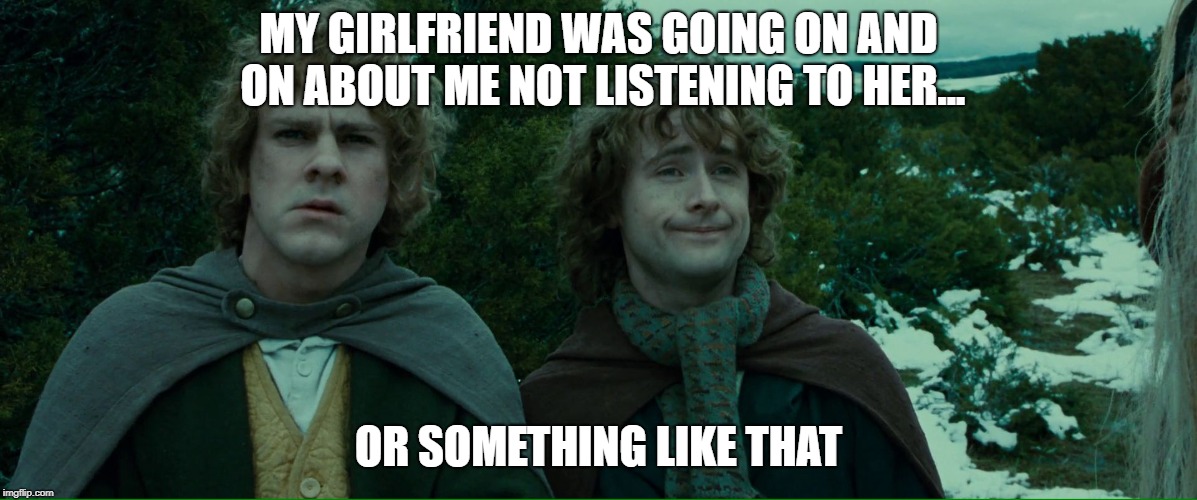 Lord of the Rings LOTR Elevenses | MY GIRLFRIEND WAS GOING ON AND ON ABOUT ME NOT LISTENING TO HER... OR SOMETHING LIKE THAT | image tagged in lord of the rings lotr elevenses | made w/ Imgflip meme maker