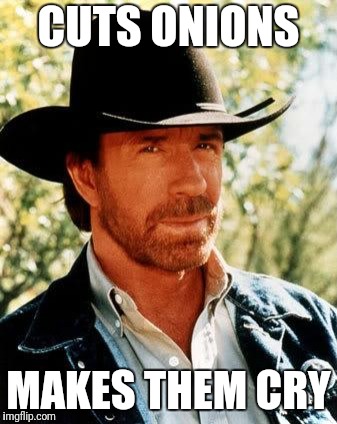 Chuck Norris Meme | CUTS ONIONS MAKES THEM CRY | image tagged in memes,chuck norris | made w/ Imgflip meme maker