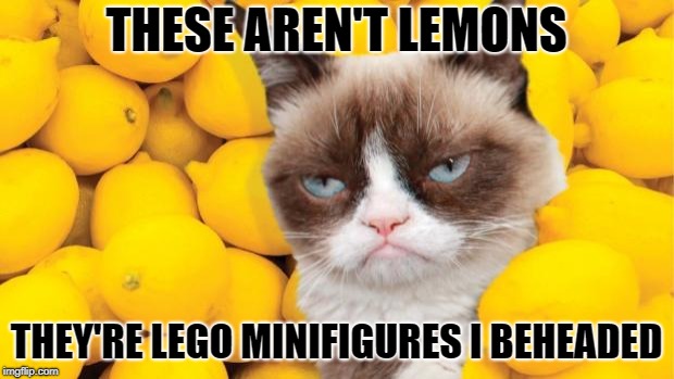 Grumpy cat guillotine  | THESE AREN'T LEMONS; THEY'RE LEGO MINIFIGURES I BEHEADED | image tagged in grumpy cat lemons,funny memes,cat,lego | made w/ Imgflip meme maker