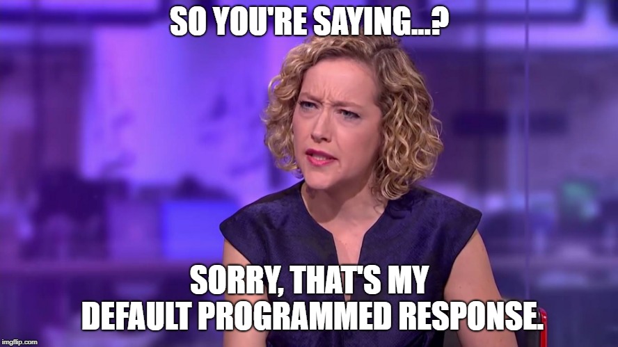 Cathy Newman feminist stunned | SO YOU'RE SAYING...? SORRY, THAT'S MY DEFAULT PROGRAMMED RESPONSE. | image tagged in cathy newman feminist stunned | made w/ Imgflip meme maker