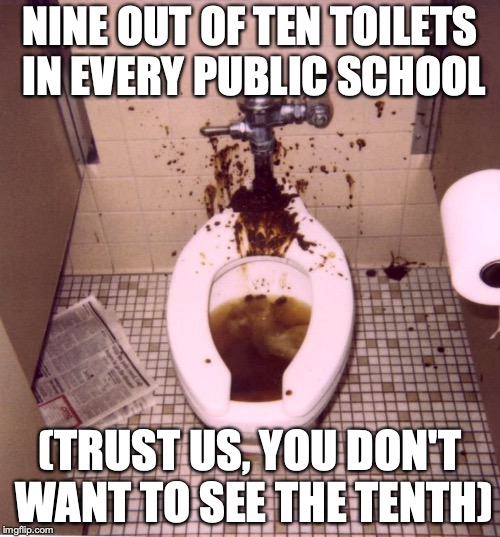 Typical Public School Toliet | NINE OUT OF TEN TOILETS IN EVERY PUBLIC SCHOOL; (TRUST US, YOU DON'T WANT TO SEE THE TENTH) | image tagged in toliet,restroom,shit,poop,memes,school | made w/ Imgflip meme maker