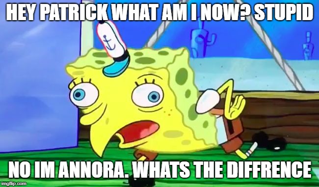 Retarded spongebob | HEY PATRICK WHAT AM I NOW? STUPID; NO IM ANNORA. WHATS THE DIFFRENCE | image tagged in retarded spongebob | made w/ Imgflip meme maker