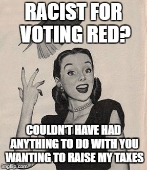 Throwing book vintage woman | RACIST FOR VOTING RED? COULDN'T HAVE HAD ANYTHING TO DO WITH YOU WANTING TO RAISE MY TAXES | image tagged in throwing book vintage woman | made w/ Imgflip meme maker